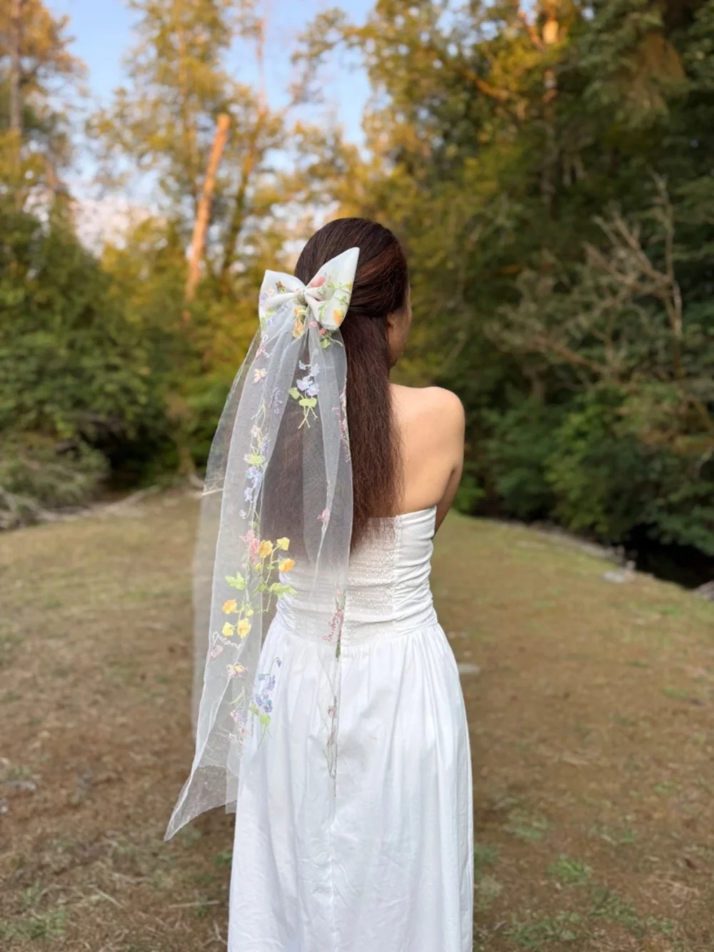 Embroidered Floral Tulle Bow Veil, Wildflowers Wedding Hair Accessory